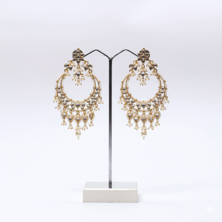 Kundan & Pearl Chandbali Earrings - Image 3