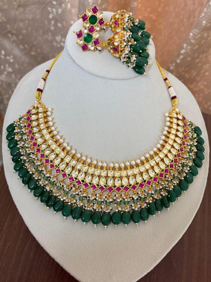 Royal Bridal Kundan Choker Set with Green Beads & Pink Stones